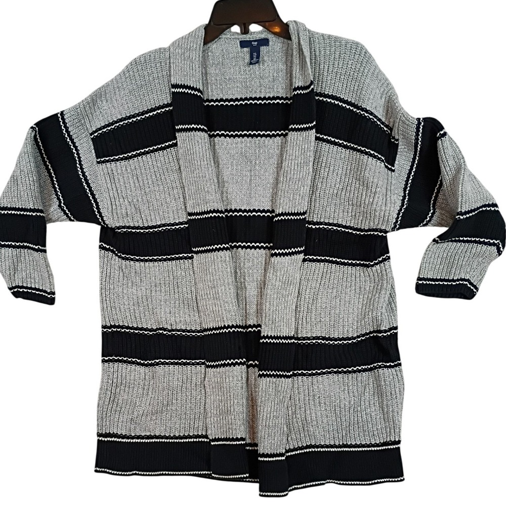 Gap Striped Cardigan Womens L Gray Black Open Front Chunky Rib Knit Sweater